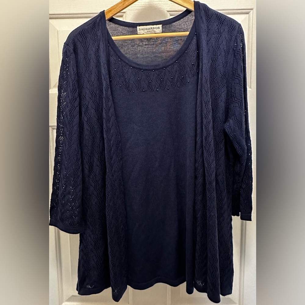 Sag Harbor Women’s Dark Blue Beaded Cardigan Sweater Size 1X